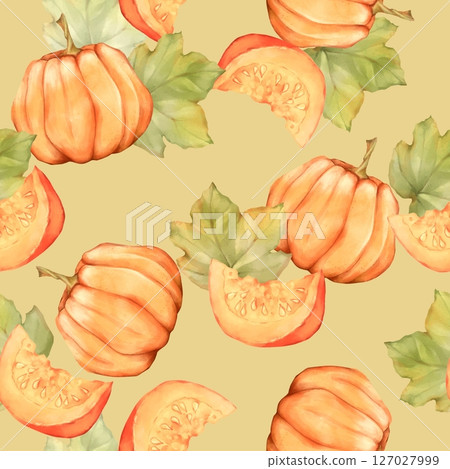 Seamless Pumpkin and Leaves Pattern Illustration 127027999