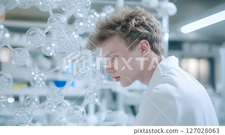 Male medical researcher analyzing molecular structure, scientific exploration concept 127028063