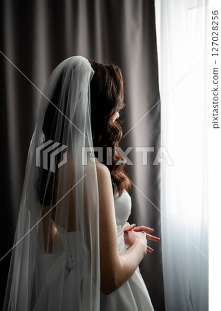 Bride in Veil Gazing Out Window with Anticipation 127028256