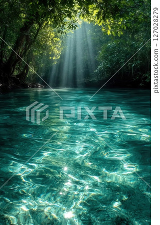 Crystal-clear turquoise water in a calm natural lagoon, with gentle ripples and sunlight reflections dancing on the surface. 127028279