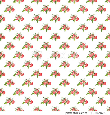 Red cherry tomatoes on a branch. Ripe harvest of a gardener. Seamless pattern for your summer kitchen or veranda design Red cherry tomatoes on a branch. Ripe harvest of a gardener. Seamless pattern for your summer kitchen or veranda design 127028280