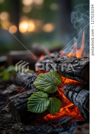 Close-up of burning logs with bright orange flames in a forest setting, with two fresh green leaves resting on the charred wood. Close-up of burning logs with bright orange flames in a forest setting, with two fresh green leaves resting on the charred wood. 127028284