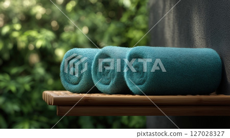 Three neatly rolled turquoise towels on a floating bamboo wooden shelf 127028327