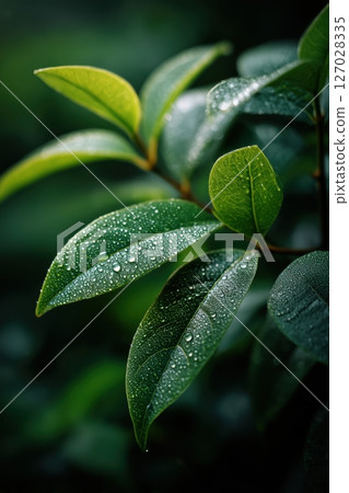 Raindrops or water droplets glistening on the surface, gentle bokeh and soft focus in the background 127028335
