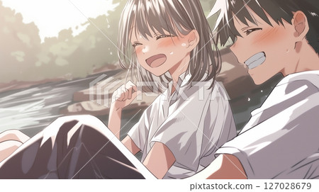 Couple playing in the river (AI generated image) 127028679