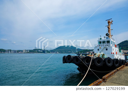 View of the Kanmon Bridge from the wharf at Moji Port 127029199
