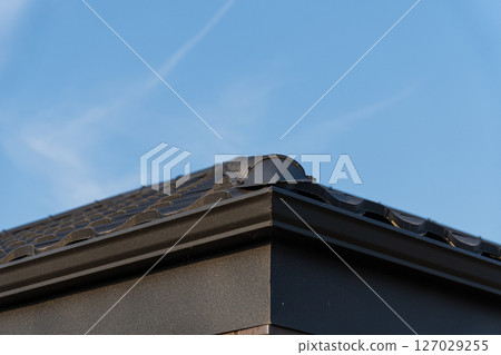 Detail of a metallic roof with unique tile design, emphasizing durability and artistry under a bright blue sky 127029255