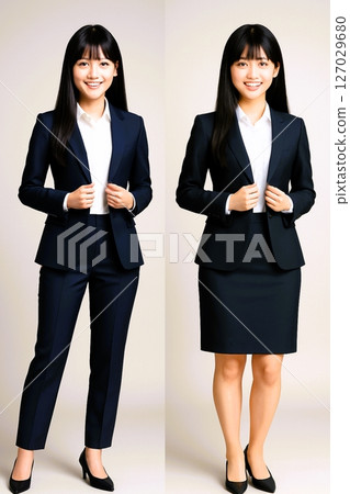 Full body of a woman wearing a suit, skirt or pants, 2 patterns 127029680