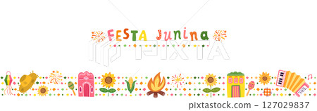 Festa Junina horizontal vector banner - Brazilian festival border, background with text and graphics - sunflower, straw hat, accordion, corn Festa Junina horizontal vector banner - Brazilian festival border, background with text and graphics - sunflower, straw hat, accordion, corn 127029837