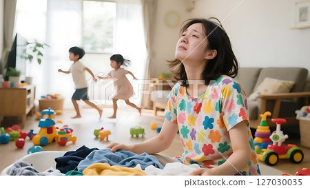 Moms exhausted from juggling housework and childcare 127030035