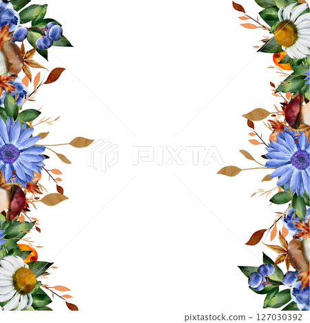 Watercolor frame with rudbeckia, chamomile, greenery, dried tree leaves, mushrooms, blueberries, sea buckthorn. illustration on white background with space for text. For cards, textiles, design. Watercolor frame with rudbeckia, chamomile, greenery, dried tree leaves, mushrooms, blueberries, sea buckthorn. illustration on white background with space for text. For cards, textiles, design. 127030392