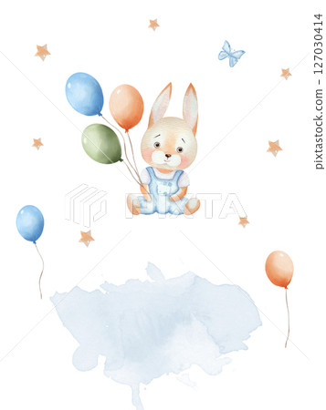 Watercolor greeting card template. Cute bunny in blue overalls with air multicolored balloons. Decor made of golden stars. Baby Shower. 127030414