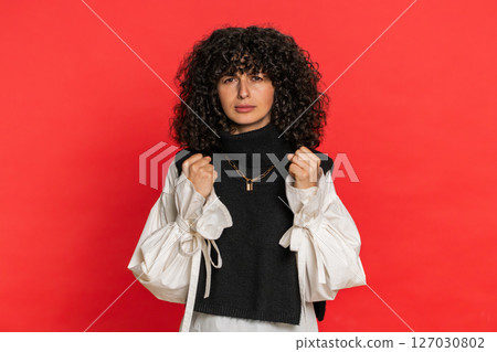 Irritated upset frustrated annoyed Caucasian woman quarreling asking reason of conflict problem 127030802