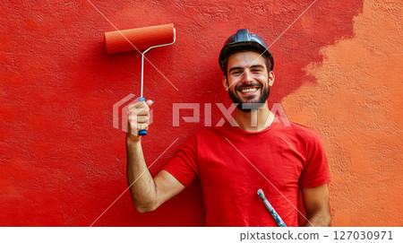 Man in red shirt holds paint roller against a red wall, smiling. Concept of painting, renovation, and DIY. 127030971