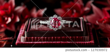 A vibrant pink gemstone ring sits on a velvet box surrounded by red flowers. Concept of luxury and elegance. 127030972