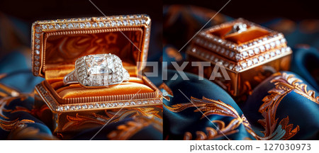 A diamond ring in an ornate box on luxurious blue fabric. Concept of elegance and luxury. 127030973
