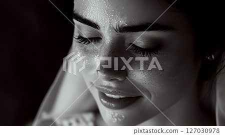 A woman with closed eyes and damp skin is smiling softly. Concept of tranquility and freshness. A woman with closed eyes and damp skin is smiling softly. Concept of tranquility and freshness. 127030978