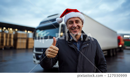 Man wearing Santa hat gives thumbs-up in front of a truck at a parking area. Concept of holiday spirit and transportation. Man wearing Santa hat gives thumbs-up in front of a truck at a parking area. Concept of holiday spirit and transportation. 127030999