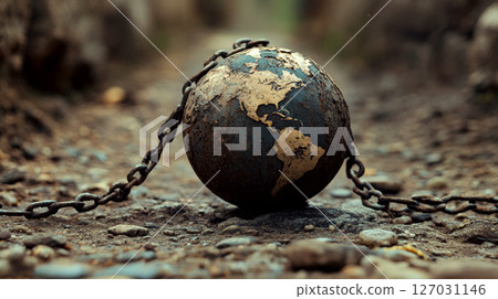 Rusty globe with landmasses is chained on a rocky path. Concept of environmental constraint and global issues. 127031146