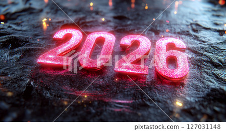 "2026" in glowing pink text sits on a dark, reflective surface with small light reflections. Concept of future and anticipation. "2026" in glowing pink text sits on a dark, reflective surface with small light reflections. Concept of future and anticipation. 127031148