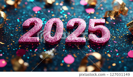 "2025" in pink glitter numbers on dark surface surrounded by colorful confetti. Concept of celebration, New Year, festivity. 127031149