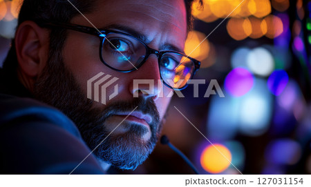 Man with glasses looks attentively in colorful bokeh-lit background. Concept of technology and focus. 127031154