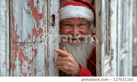 Santa peeks through a rustic, weathered door, smiling warmly and pointing. Concept of holiday, joy, and surprise. 127031165