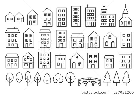 Simple cityscape line drawing building set 127031200