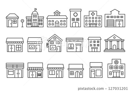 Simple cityscape line drawing building set 127031201
