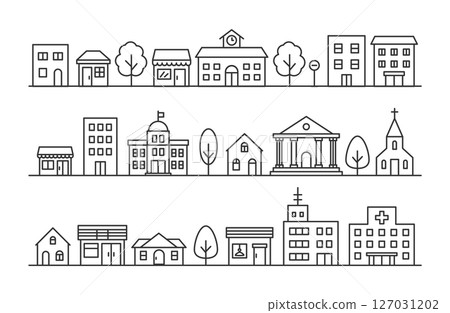 Simple cityscape line drawing building set 127031202