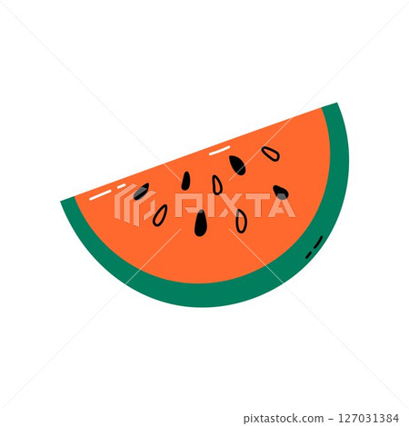 Watermelon slice with seeds, isolated vector oject, element. Simple illustration of colorful watermelon. Flat and doodle 127031384