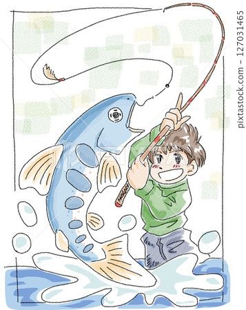 男孩在山間溪流中釣魚 男孩在山間溪流中釣魚 127031465