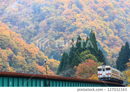 A Takayama Main Line diesel train crosses the 12th Miyagawa Bridge with autumn leaves in the background. 127032163