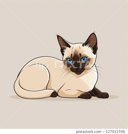 Cartoon illustration of a Siamese cat lying down 127032598
