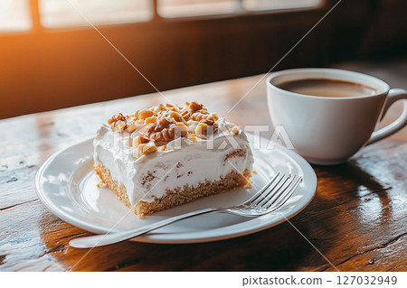 Delicious Walnut Cake on a White Plate Next to a Warm Coffee Cup in Soft Natural Light Delicious Walnut Cake on a White Plate Next to a Warm Coffee Cup in Soft Natural Light 127032949
