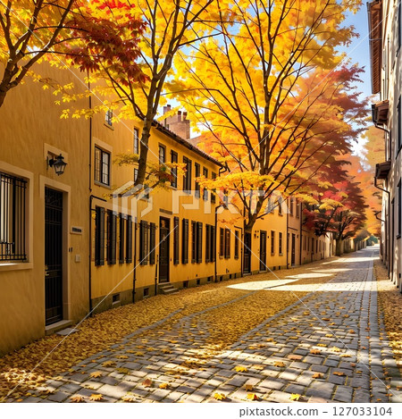 鵝卵石小巷裝飾著落葉和秋日午後的陽光 127033104