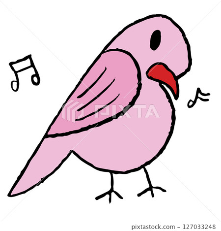 Hand drawn crayon illustrations of pink bird and music melody for animal, zoo, souvenir shop, cartoon character, comic, mascot, sticker, kid doll, trip, travel, vacation, good morning, nature, garden 127033248
