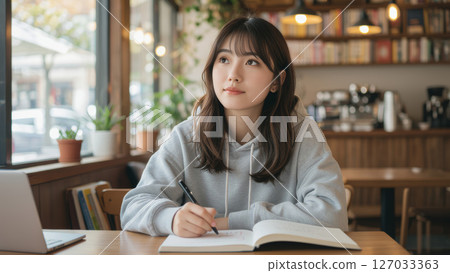 A young woman studying in a sunny cafe 127033363