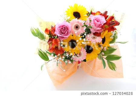 Patrol gerbera rose gypsophila colorful bouquet white background Patrol gerbera rose gypsophila colorful bouquet white background 127034028