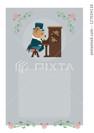A vertical message card featuring a teddy bear playing the piano with roses 127034116