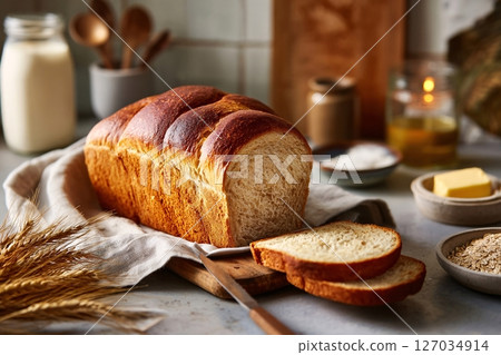 tempting graham bread in the sunny corner on a cream background, in a clean food photography style 127034914