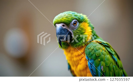 a close up of a colorful single amazon parrot bird, detailed feathers, facing the camera a close up of a colorful single amazon parrot bird, detailed feathers, facing the camera 127035597