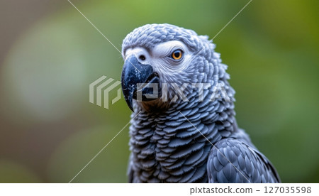 a close up of a colorful single grey parrot bird, detailed feathers, facing the camera a close up of a colorful single grey parrot bird, detailed feathers, facing the camera 127035598