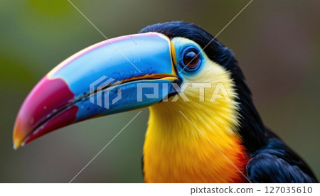 a close up of a colorful single toucan bird, detailed feathers, facing the camera 127035610