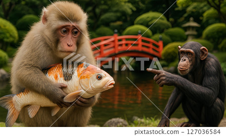 A truly unusual incident! A story of a monkey feeding on a carp 127036584