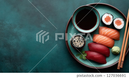 Sushi nigiri maki soy sauce wasabi sesame green plate chopsticks Japanese food 127036691