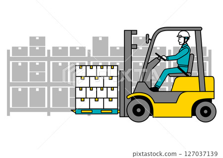 一名男工人在倉庫用堆高機運送貨物 127037139