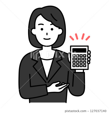 一位身穿黑色西裝的女士展示計算器 127037140