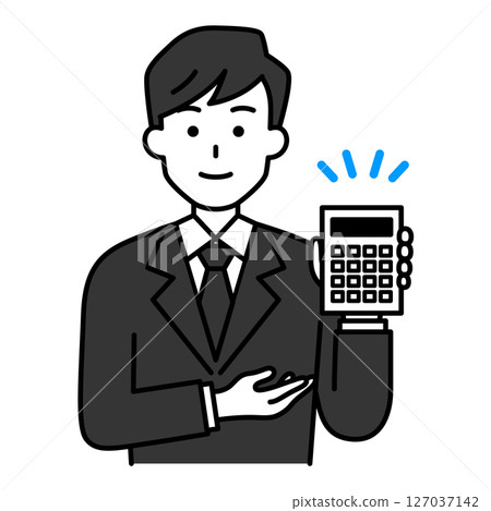 A man in a black suit showing a calculator 127037142
