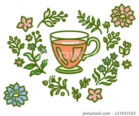 植物和茶杯的彩色插圖 植物和茶杯的彩色插圖 127037203